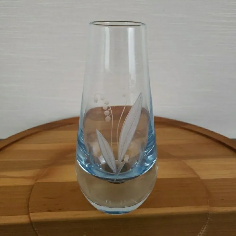 Lily of the Valley Swedish Etched Crystal Vase 6” Bubble Vintage MCM Glass